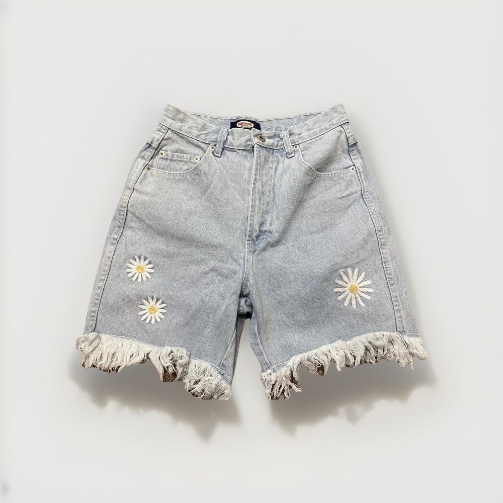 Vtg Y2K Jordache Girlfriend Embroidered Daisy Fringe High Waist Denim Short Twee